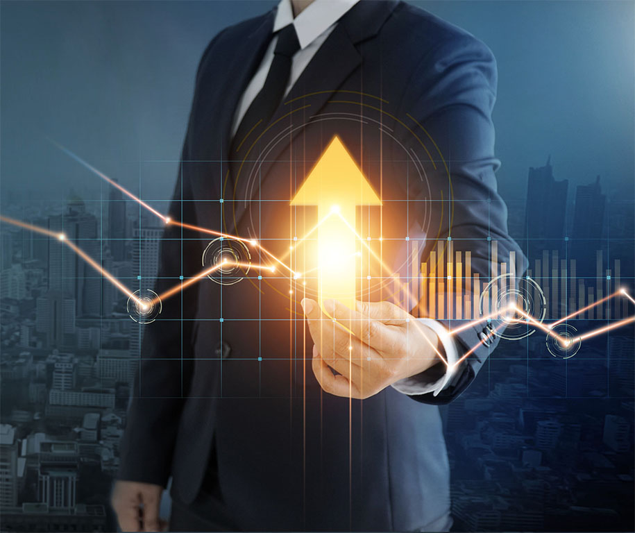 Businessman holding big arrow and graph growth of business, Abstract of financial and investment, Analysis, Strategy and planning, Economic growth chart, Progress or success concept.